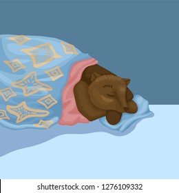 Brown bear is sleeping under a blanket and on a pillow. Dream of a fairytale animal character