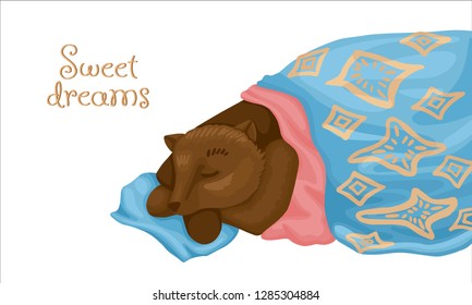 Brown bear is sleeping under a blanket and on a pillow. Dream of a fairytale animal character