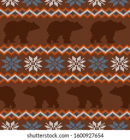 Brown bear and snowflakes. Seamless winter knitted woolen pattern