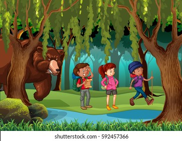 Braunbär, der hinter den Wanderer in der Waldgrafik steht