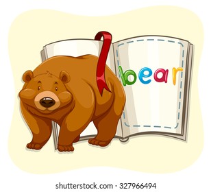 Oso marrón parado cerca de una ilustración de un libro