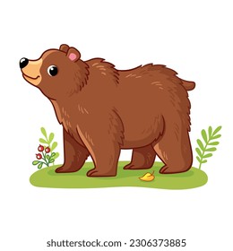 Brown bear stands in a forest clearing. Vector illustration with forest animal in cartoon style.
