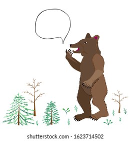 A brown bear stands on its hind legs, like a man. The face of the beast in profile with a clawed paw near the mouth. Hand drawn vector.