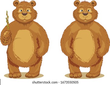 Brown bear stands with a twig the second bear stands smiling, yellow belly, pretty, teddy.