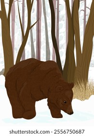 A brown bear stands in a winter forest. Realistic vector vertical landscape