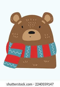 Brown bear in a striped scarf. Vector illustration