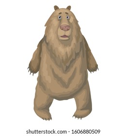 Brown bear is surprised or shocked. Wild grizzly bear standing on its paws. North America animal character. Isolated on white background. Flat style vector cartoon illustration.