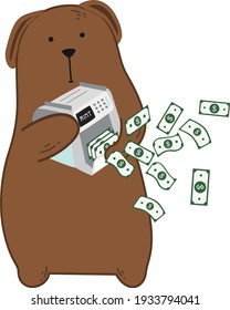 brown bear teddy bear hold cashier machine of money cartoon flat design vector