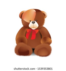 Brown bear toy, with a red bow, on a white background. For the design of banners, cards, flyers.