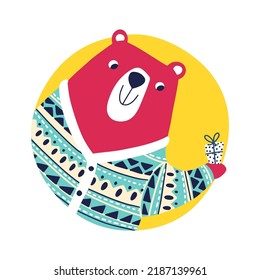 A brown bear in an ugly cardigan with a small gift. Christmas winter animal character in simple hand drawn scandinavian style. A colorful childish cartoon in a colorful festive palette. Vector