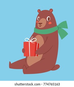 Brown bear vector animal and gift box cute beauty character funny style pose celebrate Christmas Xmas or Birthday holiday or New Year time big bear animal