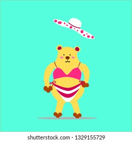 Brown bear vector illustration with cute pink bikini on summer vacation.