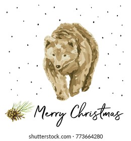 Brown bear walking in the snow forest. Vector illustration. Greeting card template. Christmas holidays design. Woodland animal.