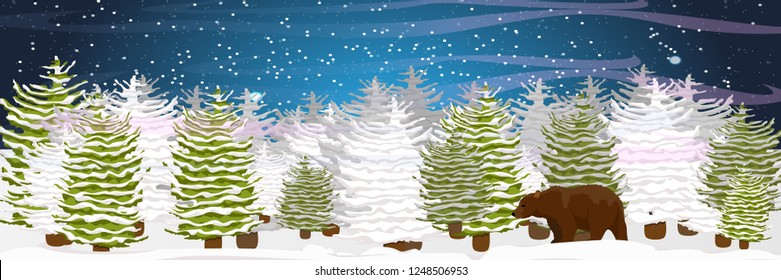 Brown bear is walking in the snow-covered spruce forest. Starlight Night. Wild animals of Eurasia and America. Realistic Vector Landscape