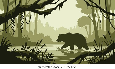 brown bear walking through a river in a green forest wilderness with silhouette trees and vegetation vector landscape background illustration