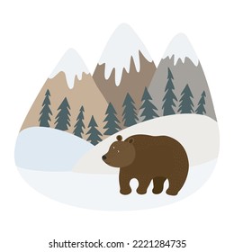 The brown bear walks across the snowy field. Winter mountain landscape. Vector hand drawn illustration.