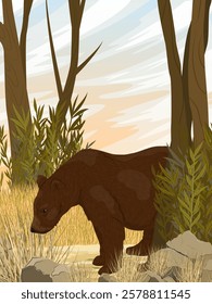 A brown bear walks along a clearing in the forest. Realistic Vector vertical Landscape