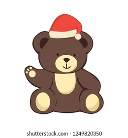 brown bear wear santa claus hat for Christmas isolated on white background