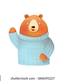 Brown bear wearing knitted sweater waving hello, wintertime and Christmas Kids greeting card design. Kids cheerful animal character illustration, vector cartoon in watercolor style.