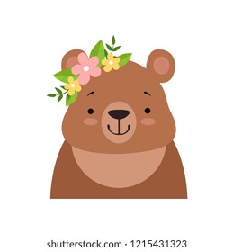 Brown bear wearing a wreath of flowers, cute cartoon animal character avatar vector Illustration on a white background