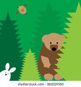 Brown bear, white rabbit and owl in green woods