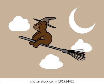 Brown bear wizard riding magic broom in night sky