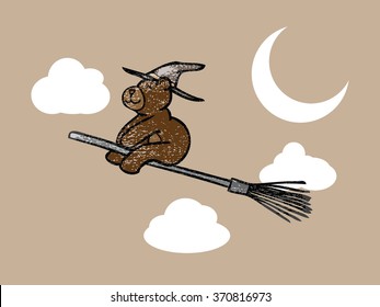 Brown bear wizard riding magic boom in night sky