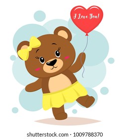 Brown Bear with a yellow bow holds a red ball in the paws, in the style of cartoons.