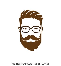 Brown Bearded men face, hipster character. Man's Face With Brown Hair and Beard. 