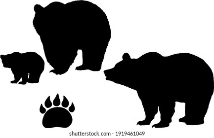 Brown bear's family silhouette set on white background