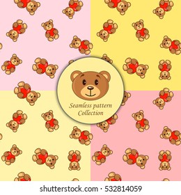 brown bears with heart set of seamless patterns.