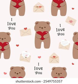 brown bears hold  red hearts with envelopes , writing papers ,roses , mini hearts  and text  i love you  seamless pattern , vector illustration