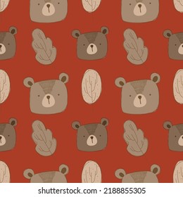 brown bears and brown leaves on a terracotta background. vector seamless pattern. baby vector illustration.
