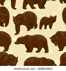 Brown bears seamless pattern. Animals of Eurasia and North America. Ursus arctos. Vector background