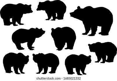 Brown bear's silhouette posing set on white background