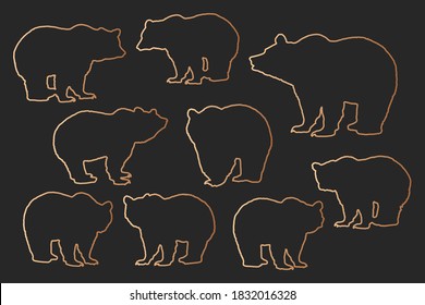 Brown bear's silhouette posing set bronze line