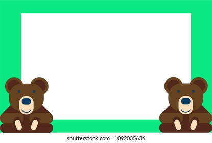 Brown bears sitting at the corner of a green frame. Copy space.