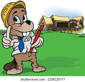 Brown Beaver with Crash-helmet and Red Writing Pen in Hand - Colored Cartoon Illustration with Background, Vector