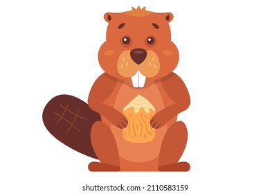 a brown beaver gnaws at a tree to build a dam. forest dweller flat vector illustration.
