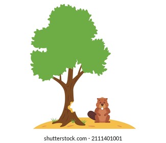 a brown beaver gnaws a tree to make a dam on the rivers. flat vector illustration.