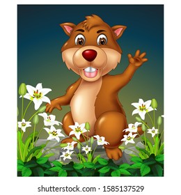 Brown Beaver On the Rock With White Flower Cartoon
