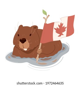 brown beaver swims in a pond with the flag of Canada in its paw