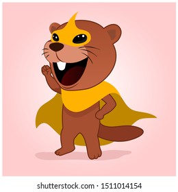 a brown beaver wearing a yellow mask and a yellow cape. Cute character design of superhero animals