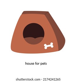 Brown bed for pets. Soft place for animals with a bone. Bed for dogs. Bed for cats. Vector illustration of an animal bed in a flat style. White isolated background.