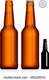 Brown beer bottle 330 ml - vector visual, ideal for beer, lager, ale, stout etc. With and without lid, plus silhouette. Drawn with mesh tool. Fully adjustable & scalable.