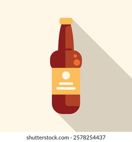 Brown beer bottle with a blank label is standing in front of a light background with a long shadow