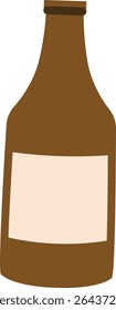 A brown beer bottle with a blank label in a flat style. The bottle features a simple design with smooth lines. Cartoon vector illustration.
