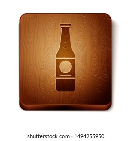 Brown Beer bottle icon isolated on white background. Wooden square button. Vector Illustration