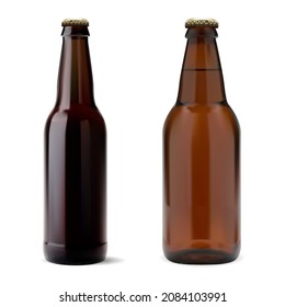 Broma de botellas de cerveza marrón. Recogida de botellas de vidrio para bebidas alcohólicas. Un contenedor de productos de bebida de pub realista, plantilla de ilustración de estaño. Diseño en blanco del frasco oscuro con cuello y tapón, lager