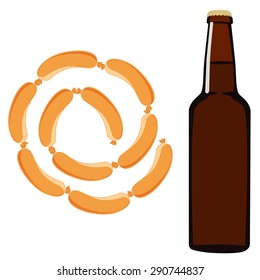 Brown beer bottle and sausage chain vector illustration. Bavarian beer menu. Oktoberfest symbols